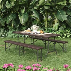 3-Piece Rattan Plastic Outdoor Folding Table Bench Set Garden Dining Sets Living and Home Set