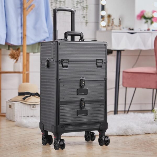 3 in 1 Large Black Cosmetic Trolley Case on Wheel with 2 Drawers Makeup Organizers Living and Home