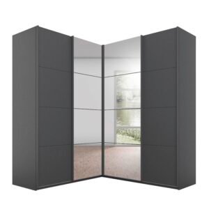 Lima 181cm 4 Door Corner Sliding Wardrobe with 2 Decor Doors and 2 Mirror Doors 210cm Tall in Ag291 Met Gr/Met Gr on Furniture Village